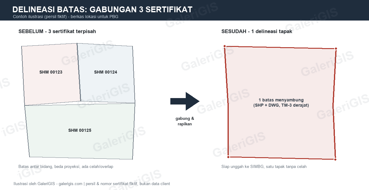 Contoh delineasi batas tanah gabungan tiga sertifikat menjadi satu site plan tapak untuk PBG di SIMBG