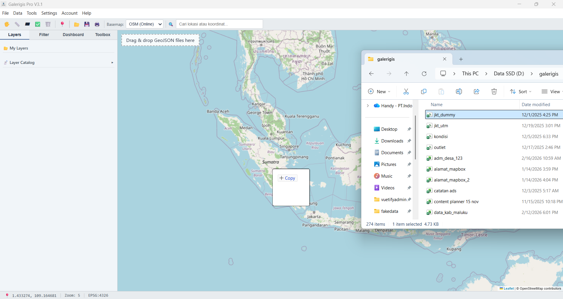 Drag and drop Excel ke peta GaleriGIS Pro