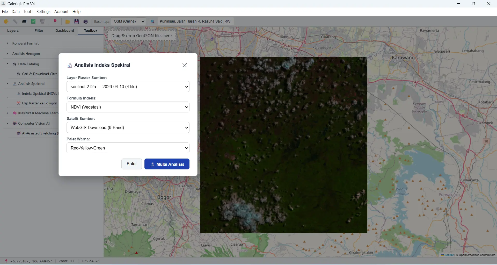 Analisis citra satelit NDVI dan klasifikasi di GaleriGIS Pro