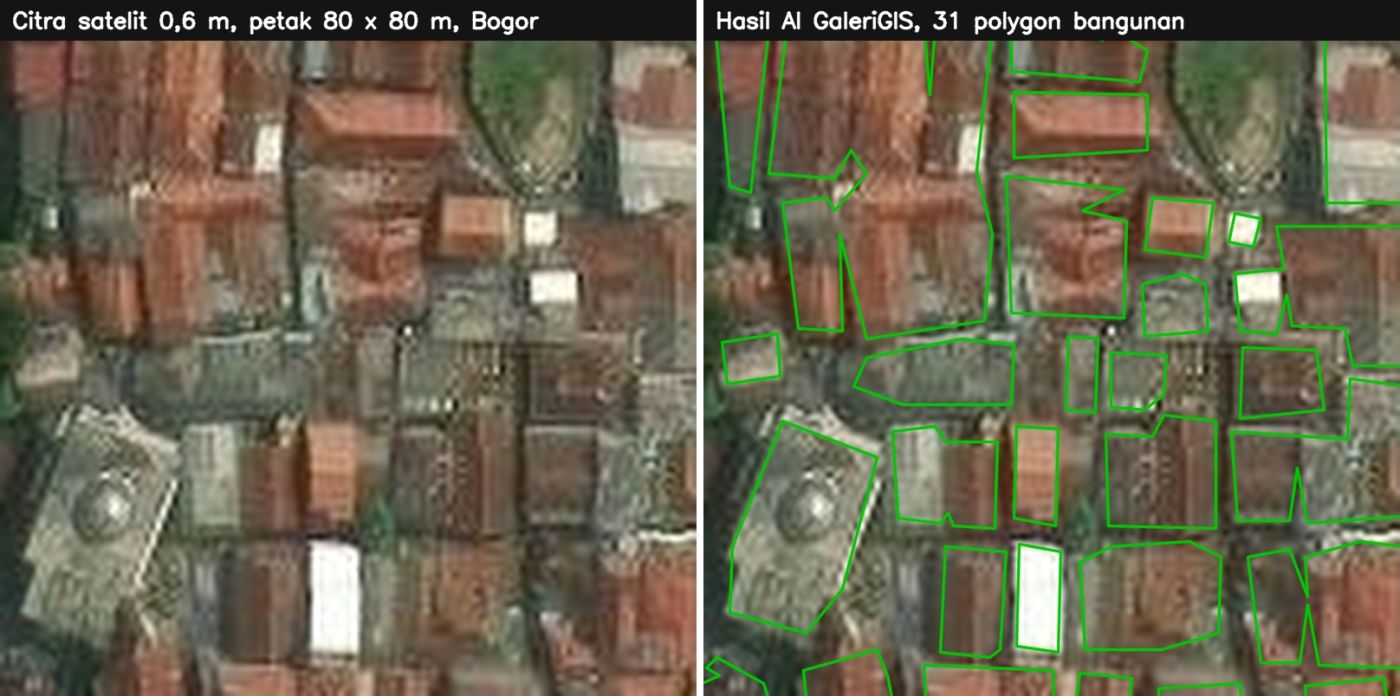 Kiri citra satelit 0,6 m petak 80 x 80 m di Bogor, kanan hasil AI GaleriGIS 31 polygon bangunan