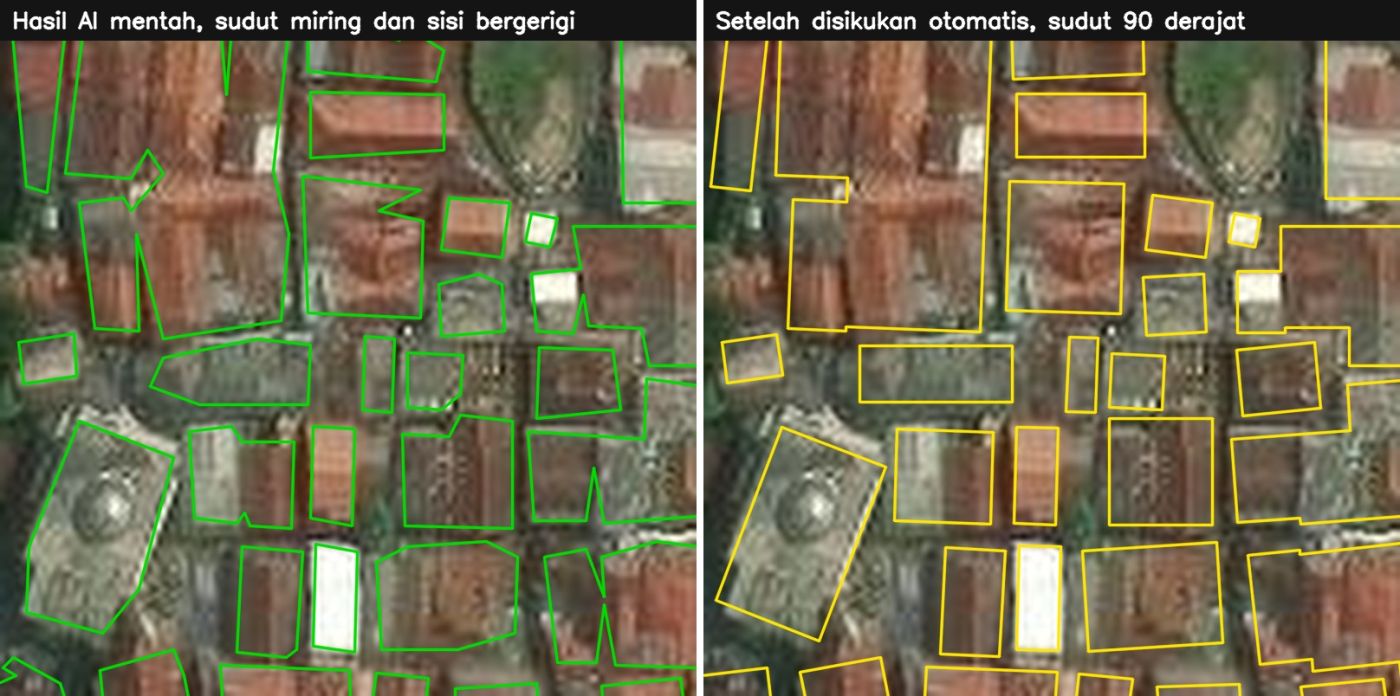Kiri hasil AI mentah dengan sudut miring dan sisi bergerigi, kanan setelah disikukan otomatis dengan sudut 90 derajat, petak 80 x 80 m di Bogor