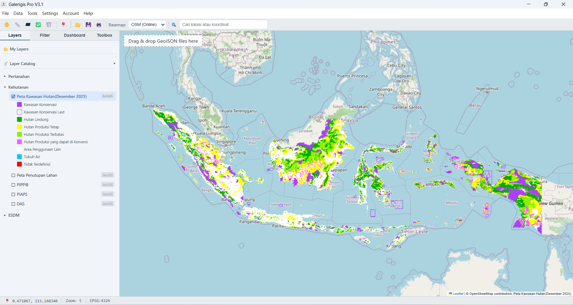 Overlay layer BPN, Kehutanan, dan ESDM di GaleriGIS Pro
