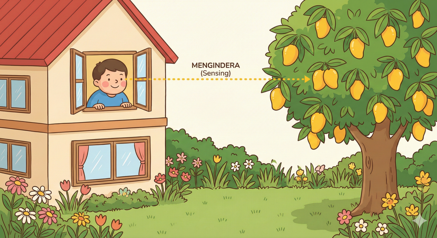 Ilustrasi analogi penginderaan jauh seperti melihat pohon mangga dari jendela tanpa menyentuhnya langsung