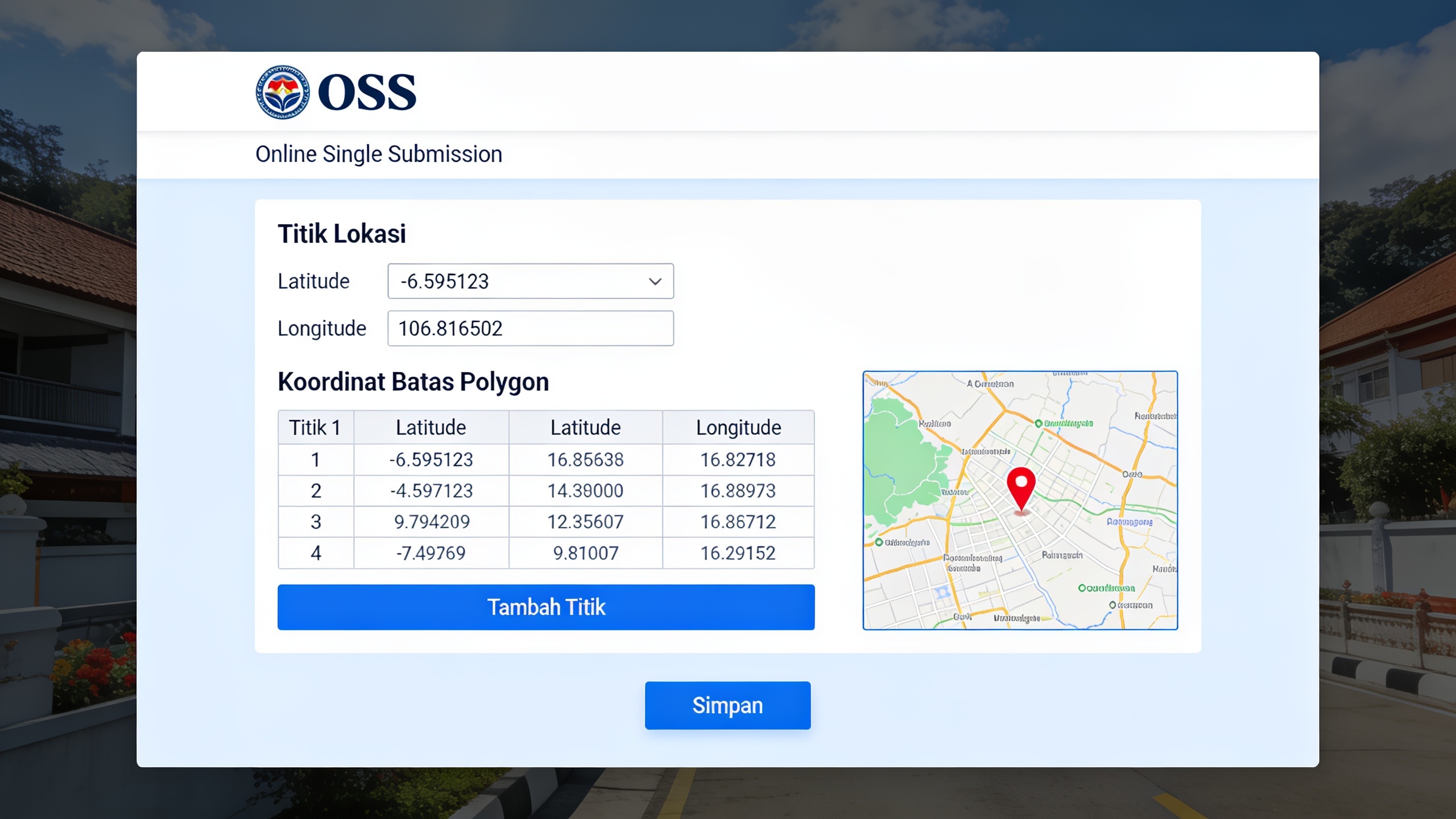 Form pengisian titik lokasi Latitude dan Longitude di website OSS go.id