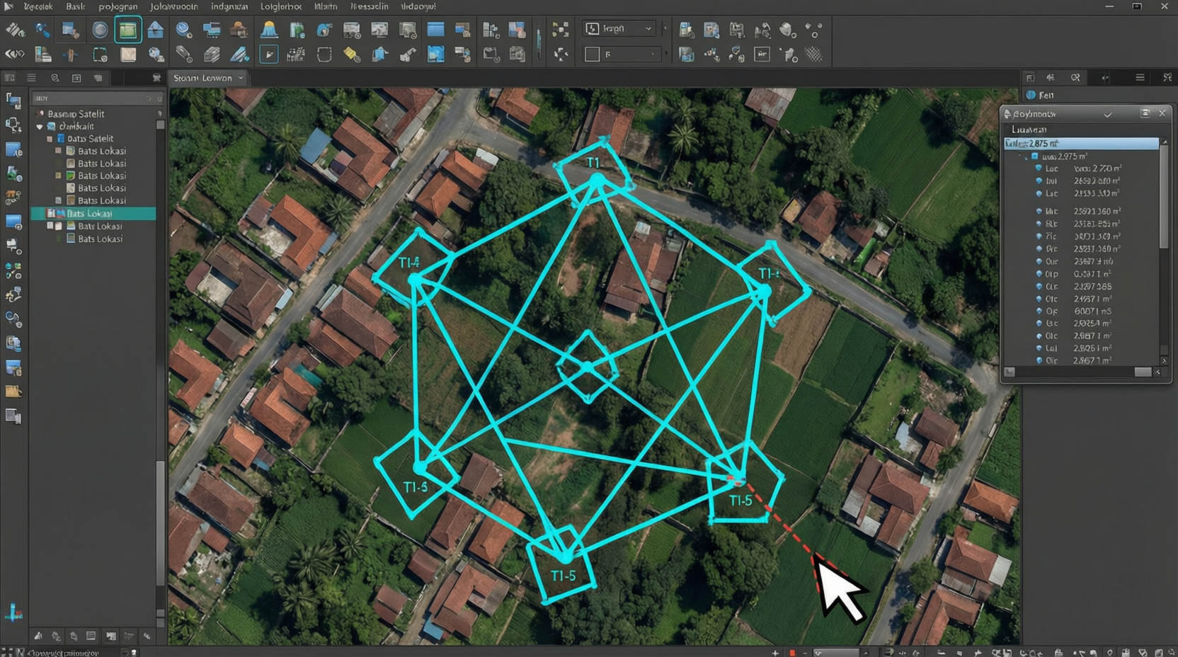 Digitasi polygon batas lahan di atas citra satelit menggunakan software GIS untuk izin lokasi OSS