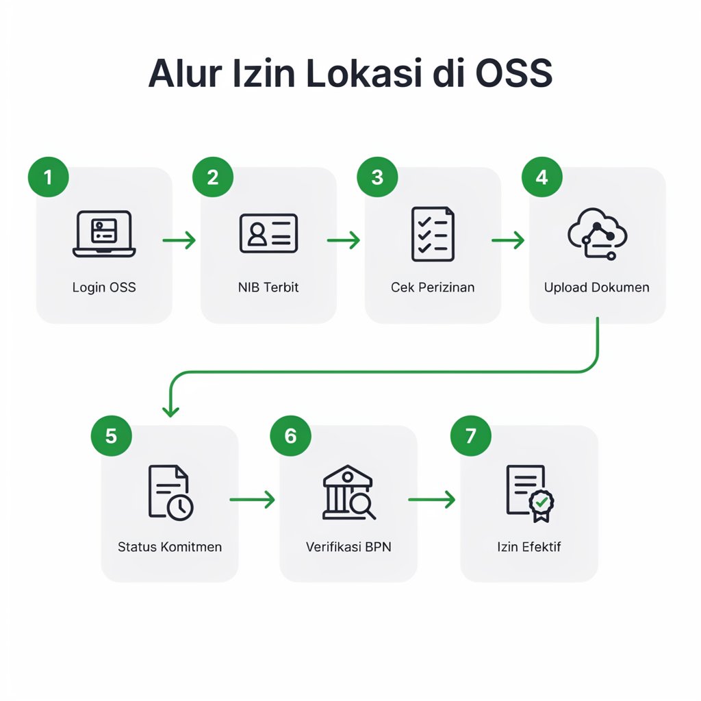 Infografis alur 7 langkah mengurus izin lokasi di OSS: login, NIB, daftar perizinan, upload dokumen, status komitmen, verifikasi BPN, izin efektif