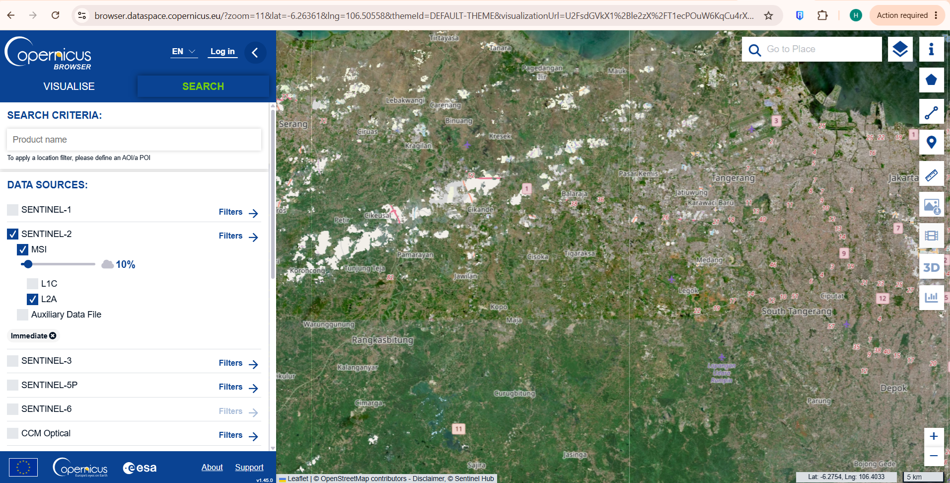 Filter pencarian citra Sentinel-2 di Copernicus Browser dengan batas tutupan awan 10 persen