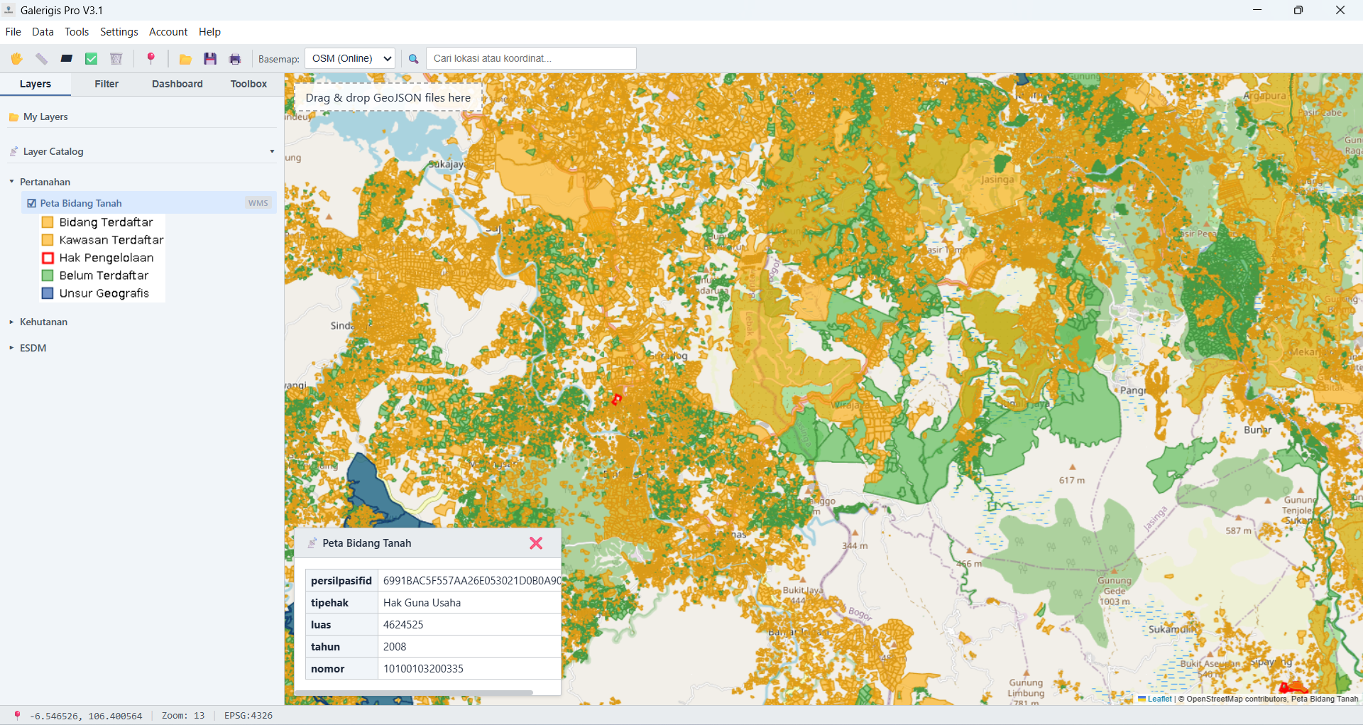 Diagram komponen peta bidang tanah: NIB, koordinat, luas, dan surat ukur