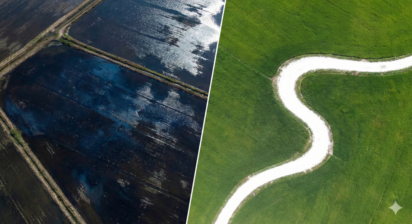 Perbedaan rona pada citra satelit, air sawah terlihat gelap sedangkan jalan tanah terlihat terang