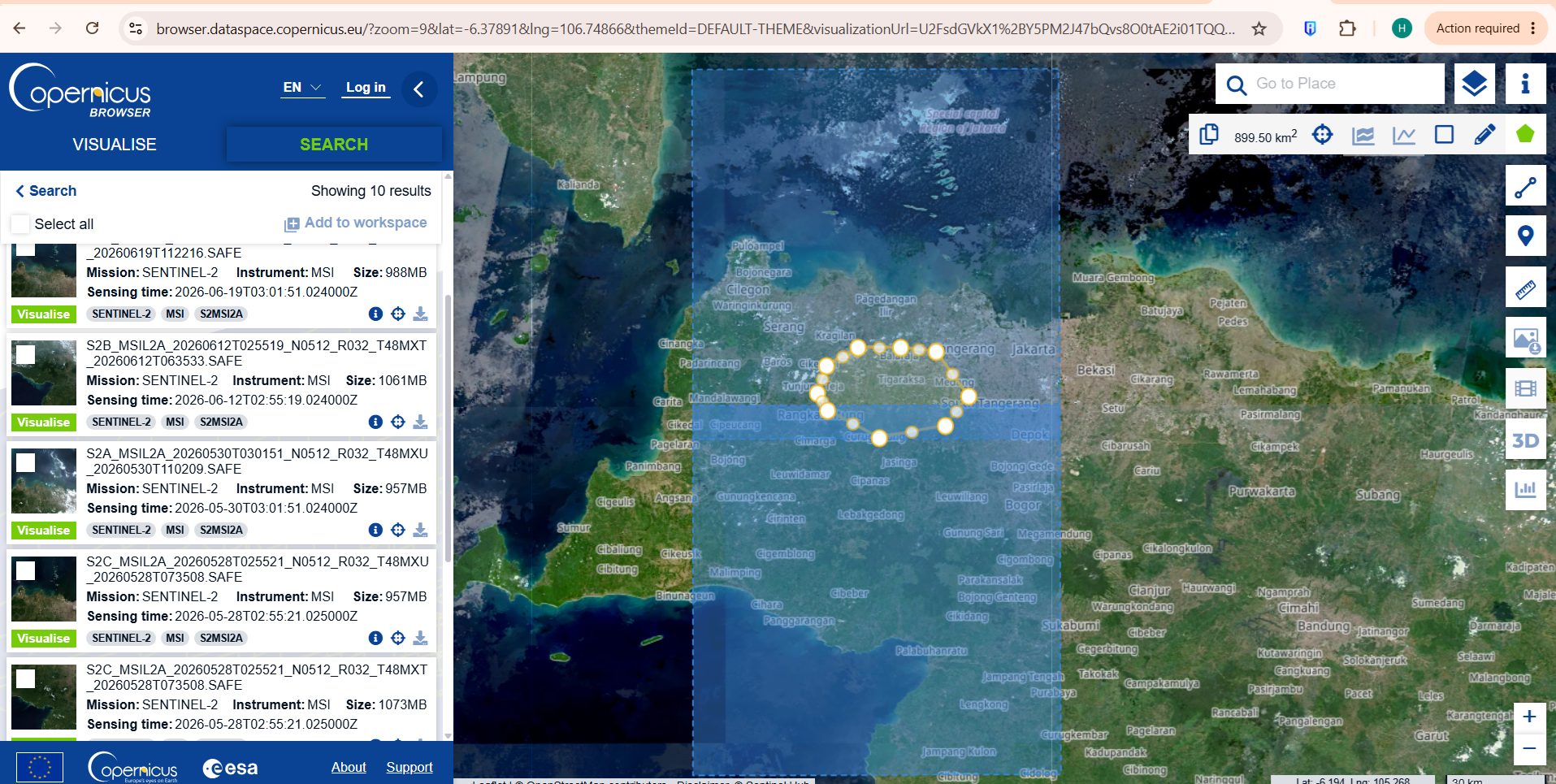 Hasil pencarian citra Sentinel-2 dan tombol download di Copernicus Browser
