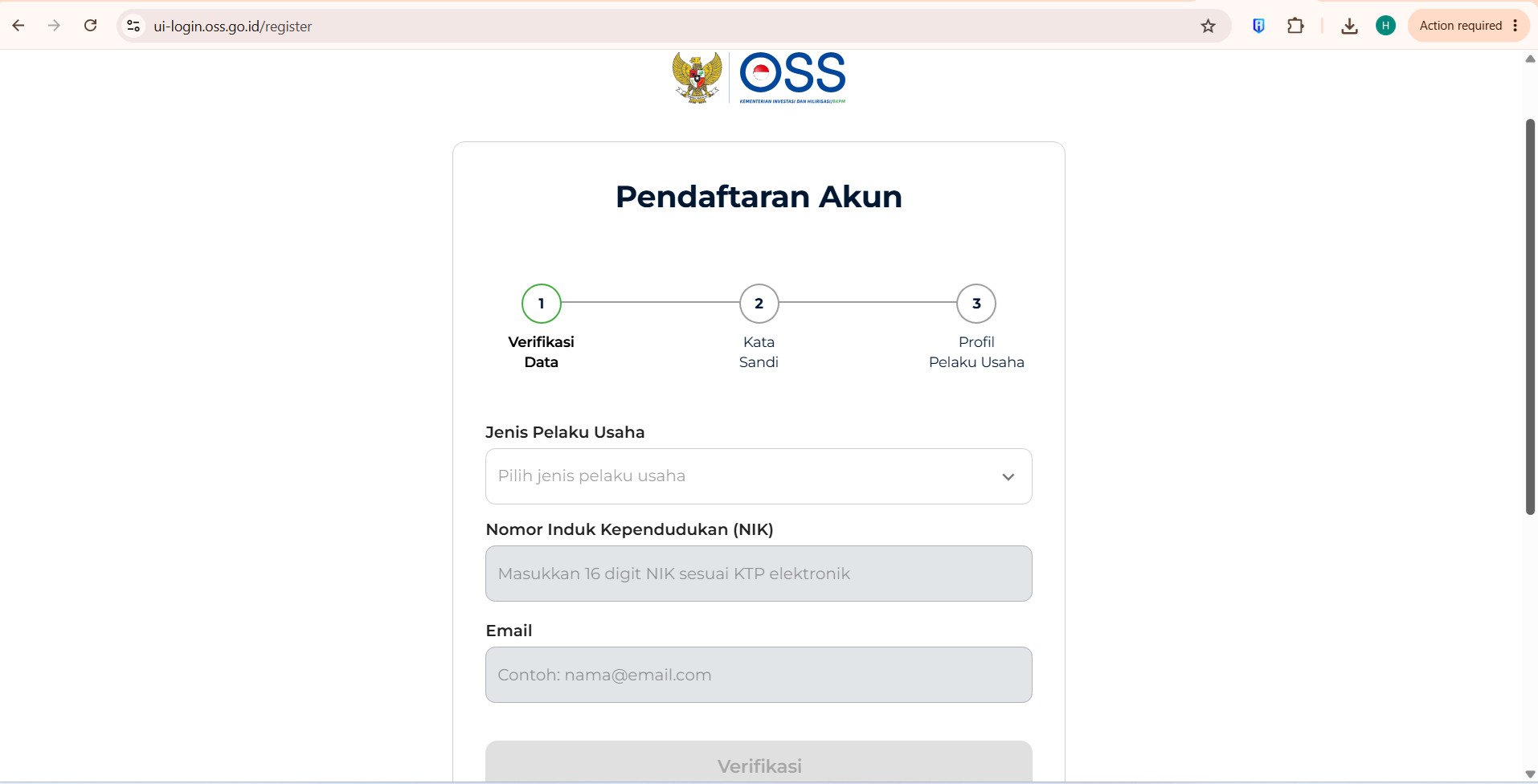 Form pendaftaran akun OSS di oss.go.id