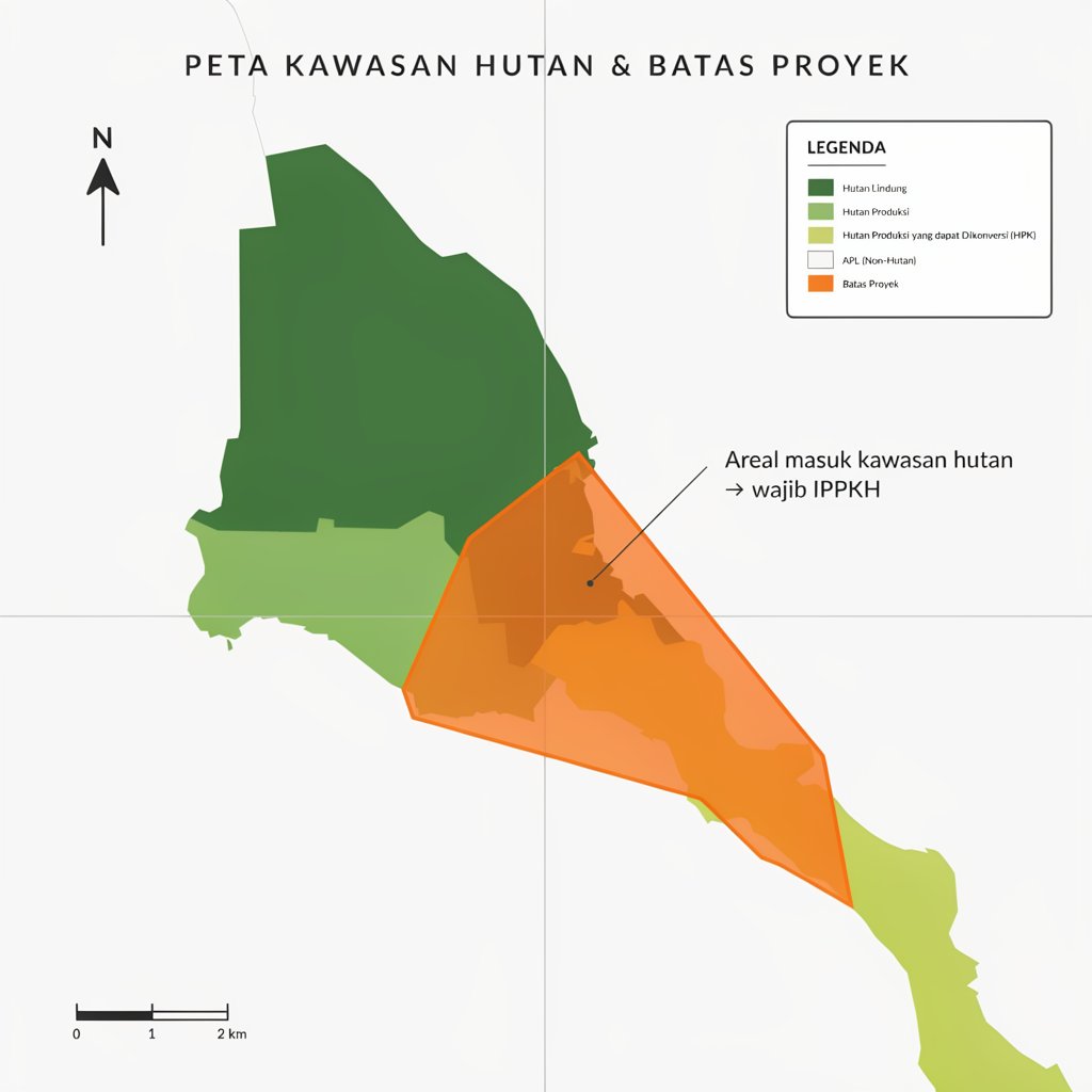 Overlay areal proyek terhadap peta kawasan hutan (HL, HP, HPK) untuk analisis permohonan IPPKH