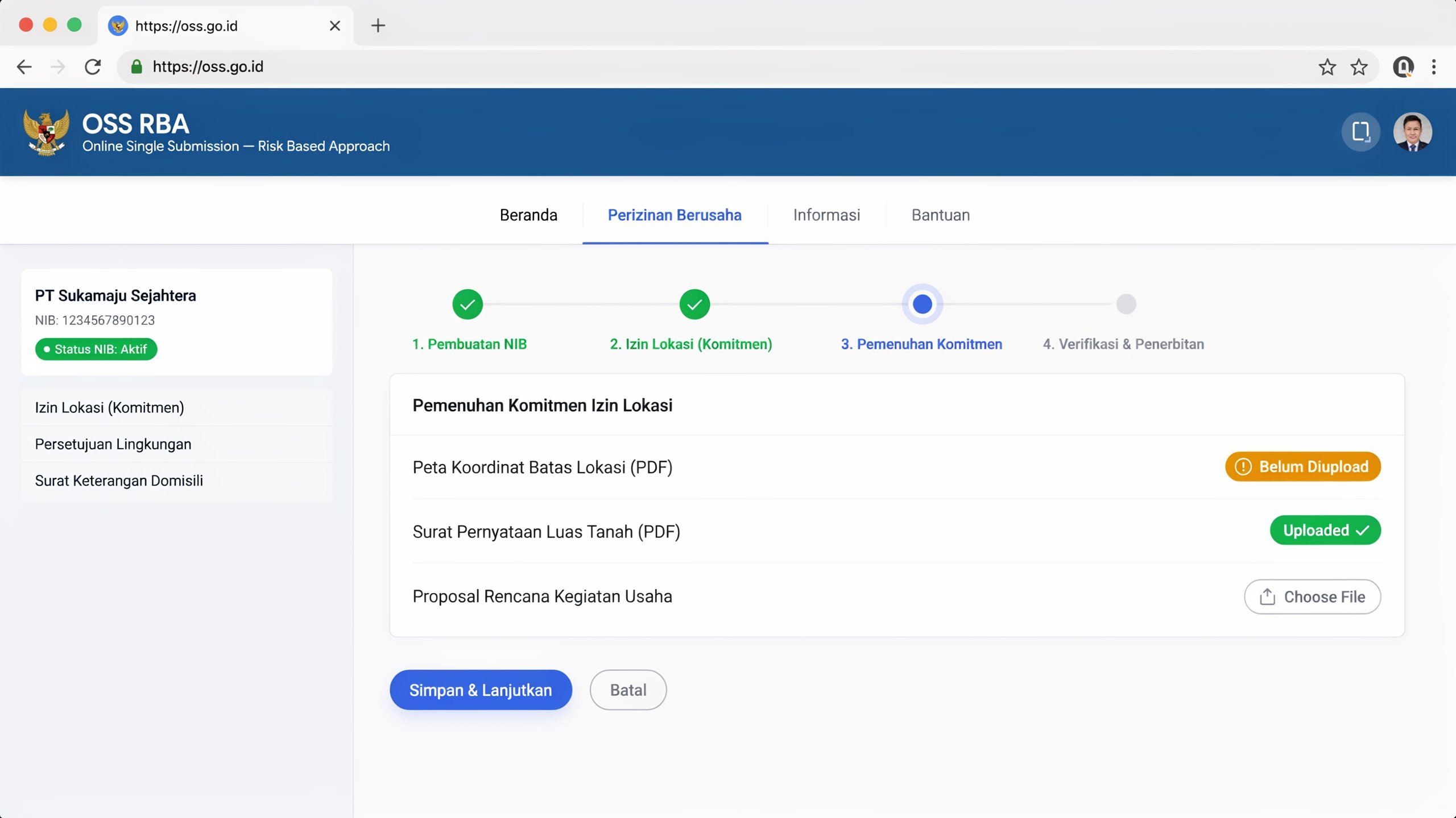 Langkah cara mengurus izin lokasi di dashboard OSS go.id